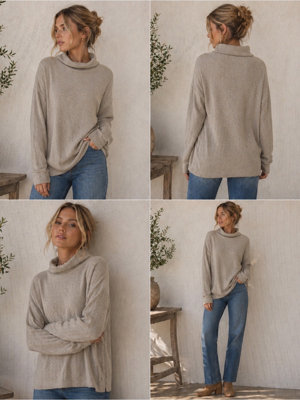 New! Women's Oversized Putty Grey Rib Knit Cowl Neck Tunic Sweater Medium